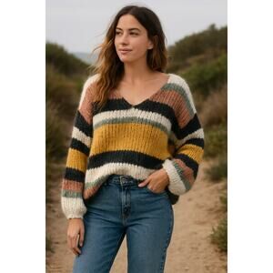 Lumiere Oversized Chunky Knit Sweater Striped Boho Fall Cozy Pullover Size Small